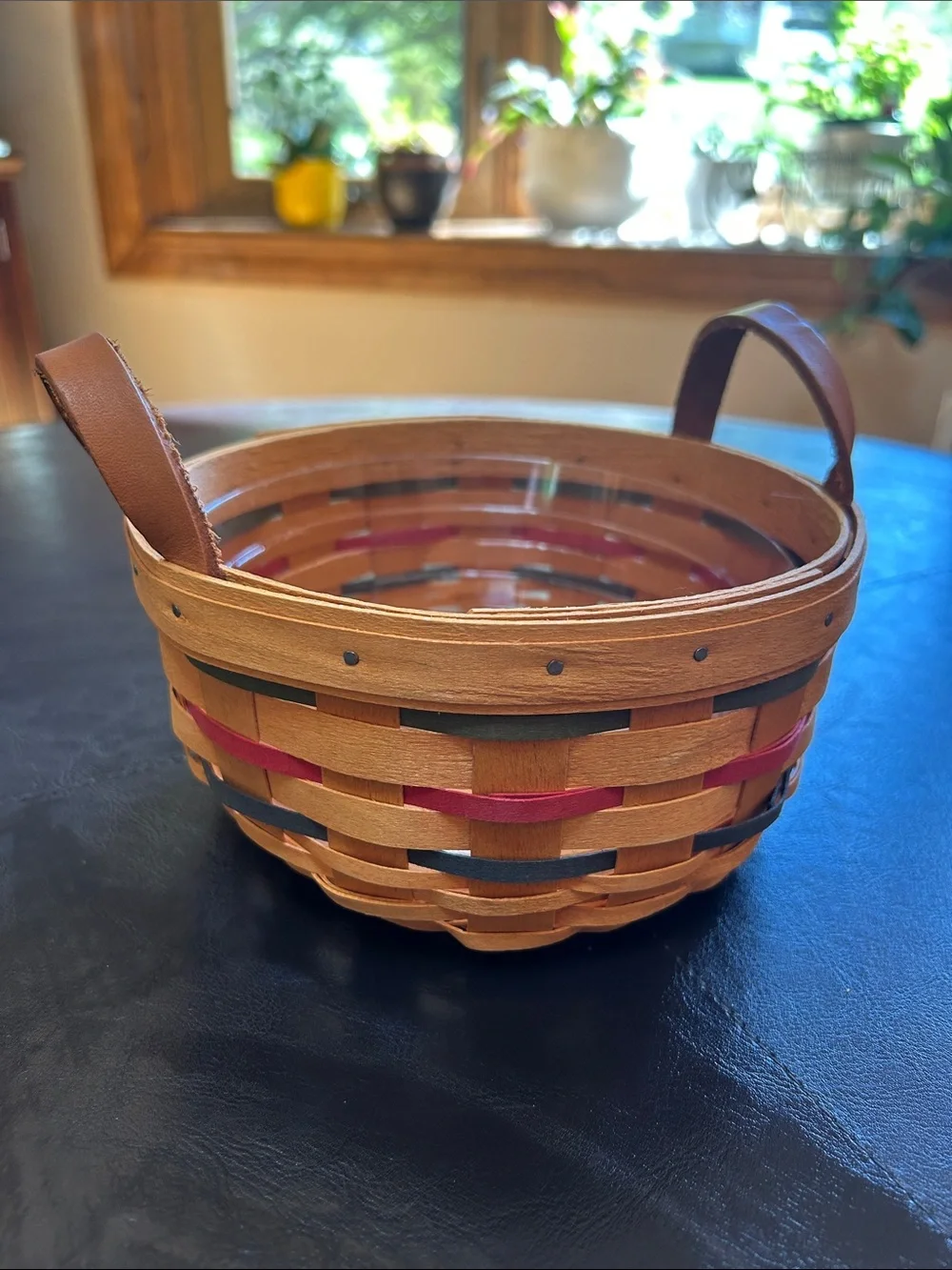 Longaberger Round Woven Button Basket Fitted Plastic Liner Brown Leather Handles